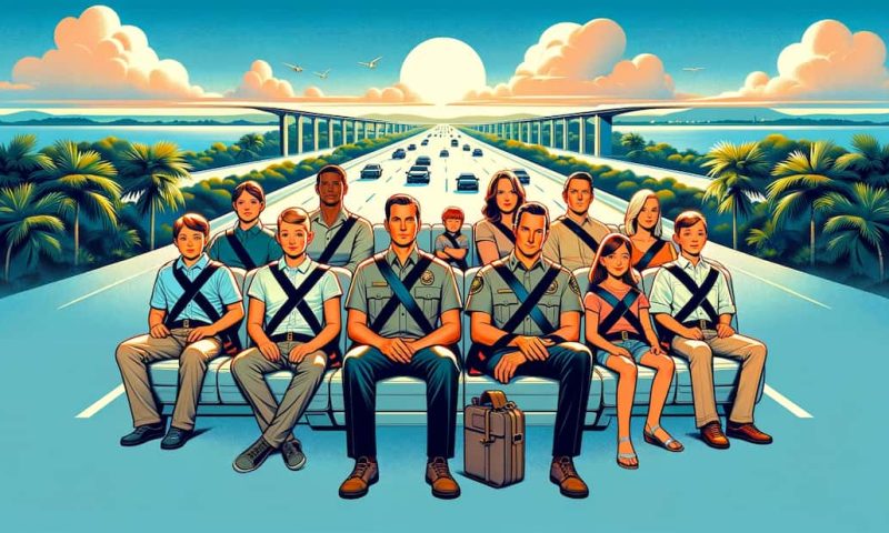 DALL·E 2023-12-22 10.34.06 – A landscape image representing Florida’s commitment to road safety, focusing on the theme of seat belt laws. The image should feature a diverse group florida seat belt law