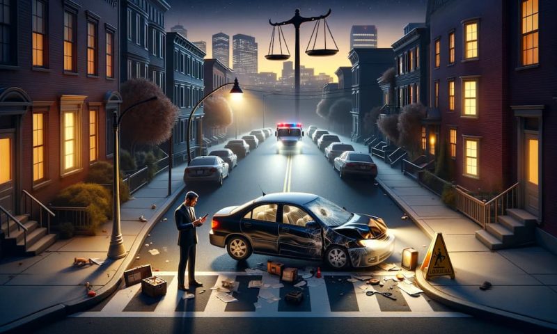 DALL·E 2024-03-13 13.03.17 – Let’s create another wide image envisioning the scene after a hit and run incident involving a parked car in Massachusetts. This visualization focuses massachusetts hit and run parked car