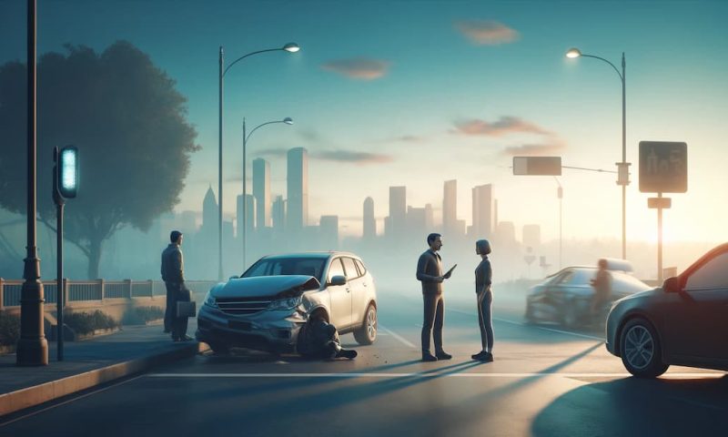 DALL·E 2024-05-06 10.03.15 – A wide image depicting a serene traffic accident scene where a car has slightly collided with a street light. The focus is on two individuals, a male pip logs