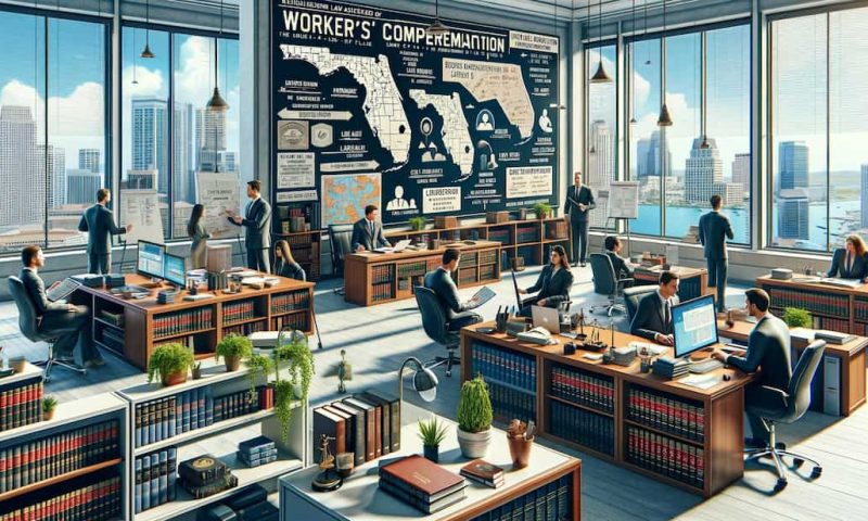 DALL·E 2024-05-13 13.08.06 – A wide, detailed office scene illustrating various aspects of workers’ compensation in Florida. The setting is a busy law office with lawyers discussi can workers' comp stop paying without notice