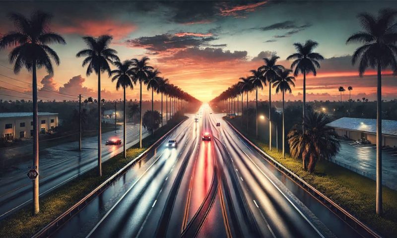 DALL·E 2025-01-02 11.54.11 – A wide, visually striking image depicting a serene yet dramatic Florida road scene in Port St. Lucie during sunset, with palm trees lining the highway port st. lucie auto accidents lawsuit