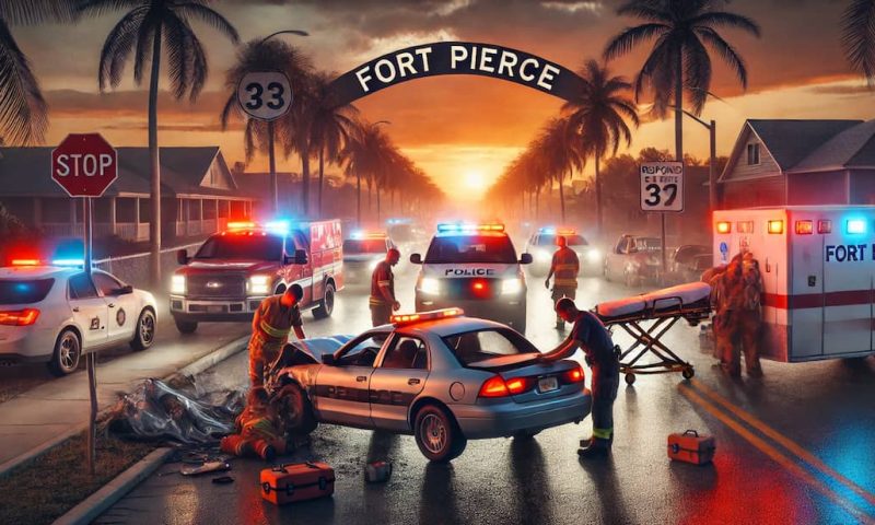 DALL·E 2025-01-02 16.47.11 – A dramatic scene of a car accident in Fort Pierce, Florida, depicted at sunset. The scene shows emergency vehicles with flashing lights, a slightly da fort pierce accident reports